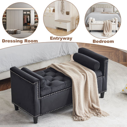 Storage Bench, Queen Velvet Button Bedside Bench, Entryway Living Room With Armrests, Nailhead Trim, Upholstered Bedroom Bench, Bedside Ottoman, Living Room, Entryway - Black