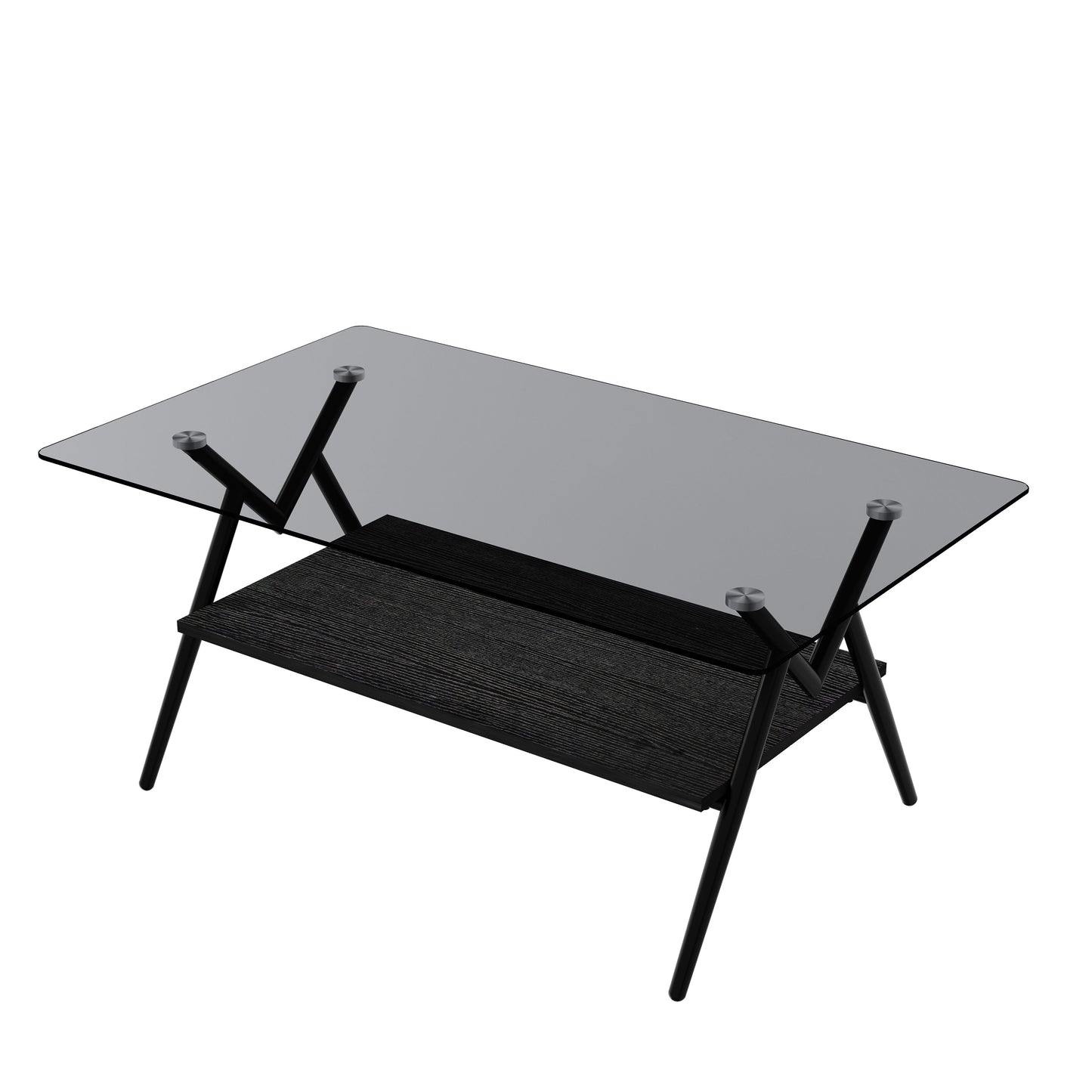 Rectangle Coffee Table With Tempered Glass Top And Black MDF Shelf, Modern Table For Living Room - Gray