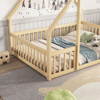 Full Wood House-Shaped Floor Bed With Fence, Guardrails - Natural