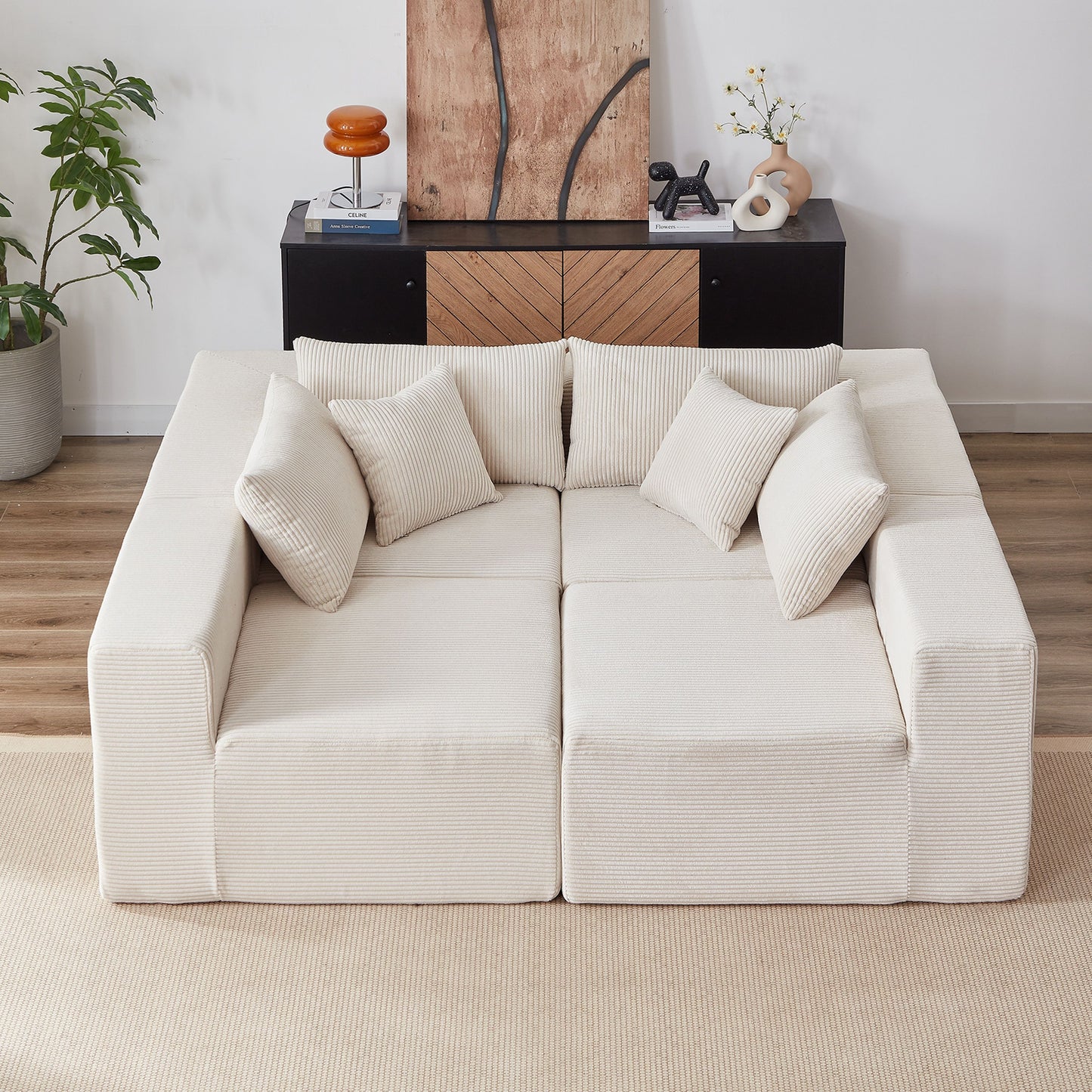 Corduroy Modular L Shaped Sectional Sofa, Luxury Floor Couch Set, 4 Piece Free Combination - Beige