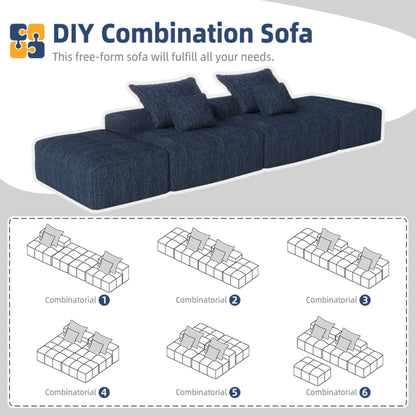 Modern Oversized Modular Sectional Sofa With 2 Ottoman And 2 Seat, Sparkling Chenille Fabric Soft Cushion Sofa With 4 Pillows, 4 Pieces Diy Combination Tufted Sofa, No Assembly Required - Blue
