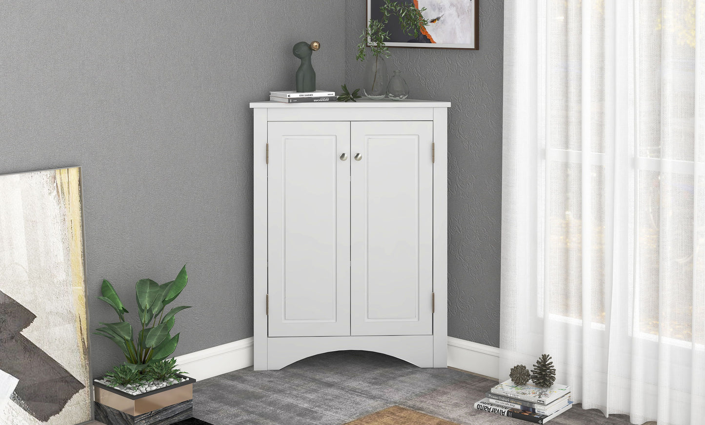 Triangle Bathroom Storage Cabinet With Adjustable Shelves, Freestanding Floor Cabinet For Home Kitchen - White