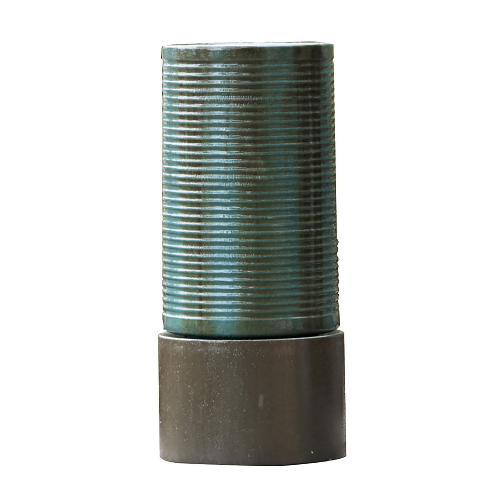 Large Concrete Cylinder Ribbed Water Fountain, Outdoor Bird Feeder / Bath Fountain, Modern Industrial Style - Antique Green / Brown