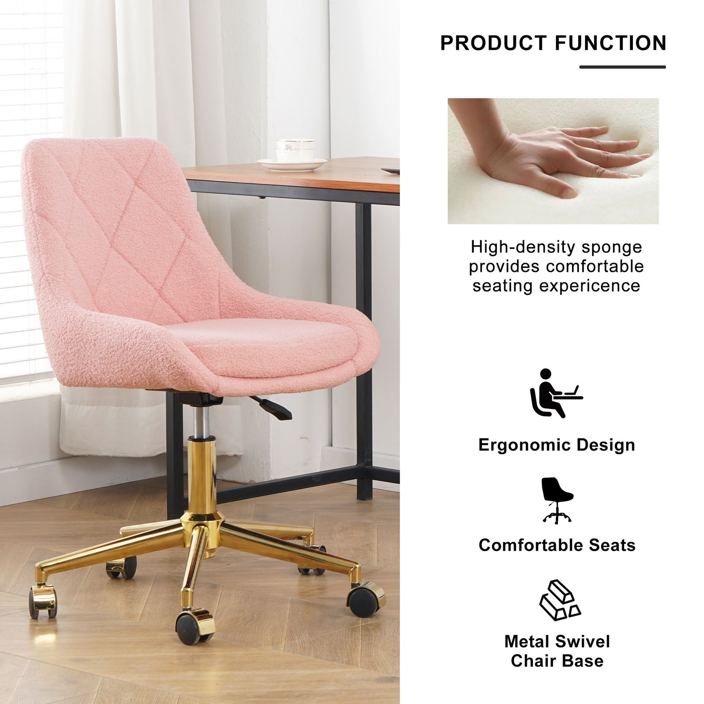 Modern Teddy Fleece Fabric Living Room Furniture Dining Chair With Gold Legs, Soft And Comfortable, Adjustable, Space Saving - Pink