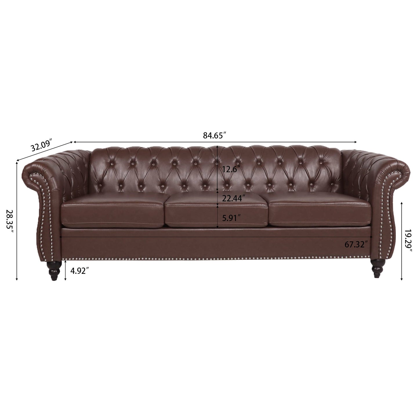 Rolled Arm Chesterfield Three Seater Sofa - Dark Brown