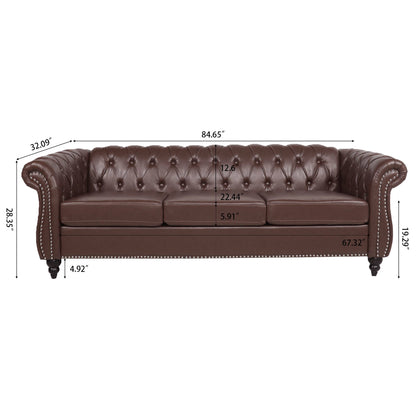 Rolled Arm Chesterfield Three Seater Sofa - Dark Brown