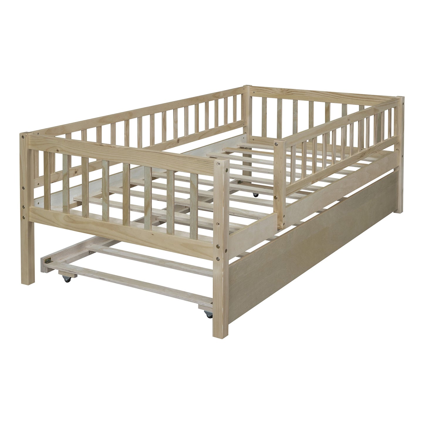 Twin Size Daybed With Trundle And Fence Guardrails - Natural