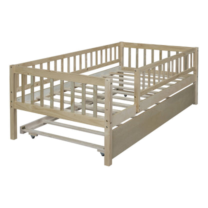 Twin Size Daybed With Trundle And Fence Guardrails - Natural