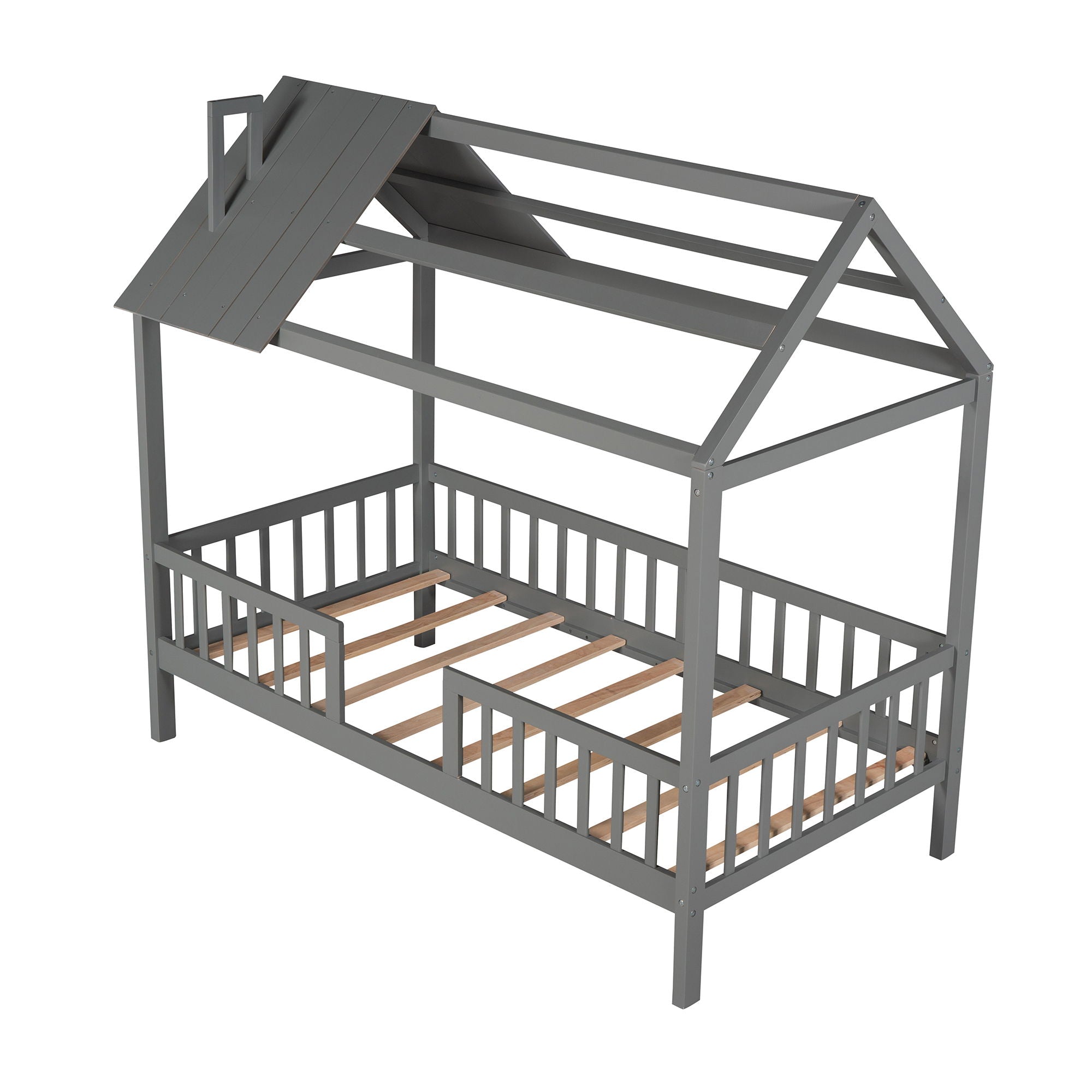 Twin Size House Bed With Fence - Gray