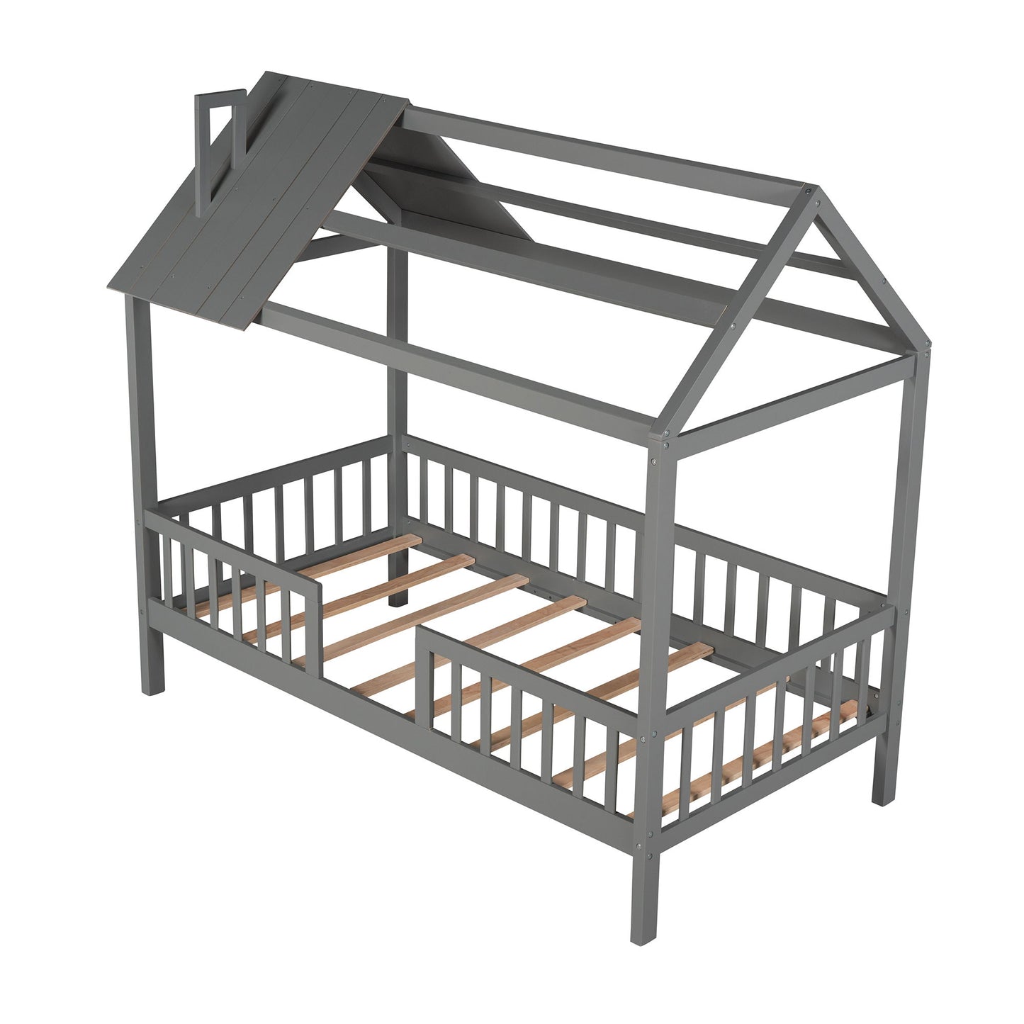 Twin Size House Bed With Fence - Gray