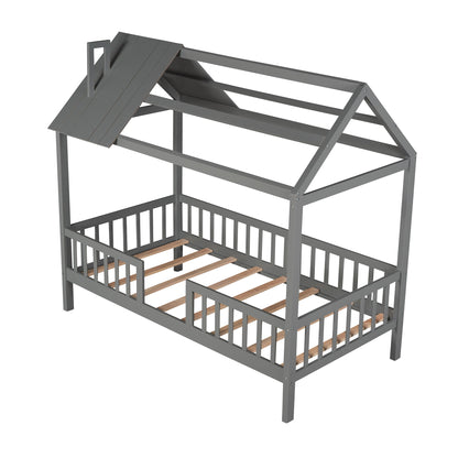 Twin Size House Bed With Fence - Gray