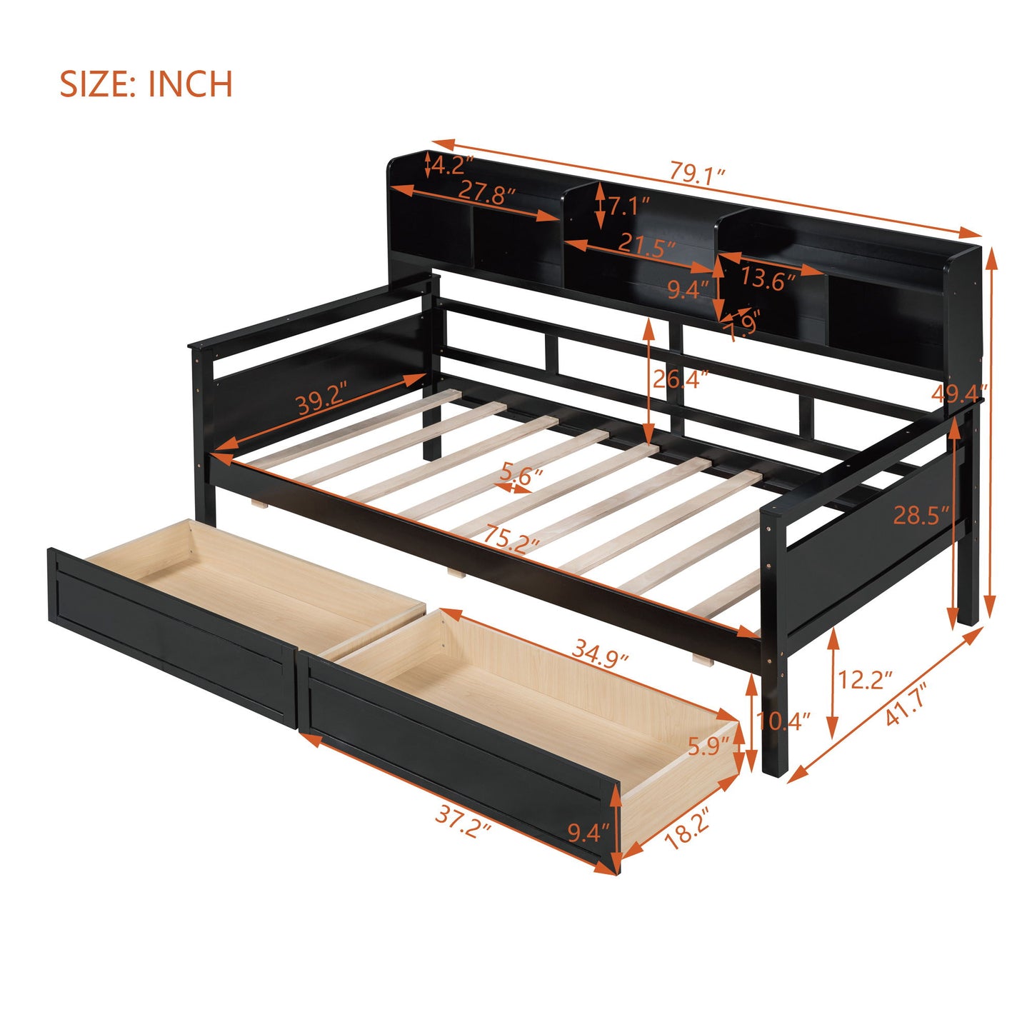 Twin Size Daybed, Slat Support, With Bedside Shelves And 2 Drawers - Espresso