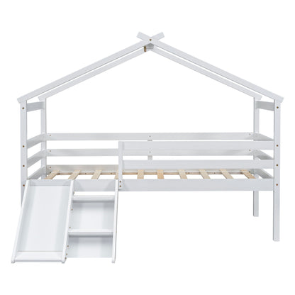 Twin Low Loft House Bed With Slide, Ladder, Safety Guardrails, House Roof Frame - White