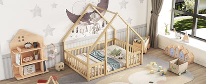 Full Wood House-Shaped Floor Bed With Fence, Guardrails - Natural