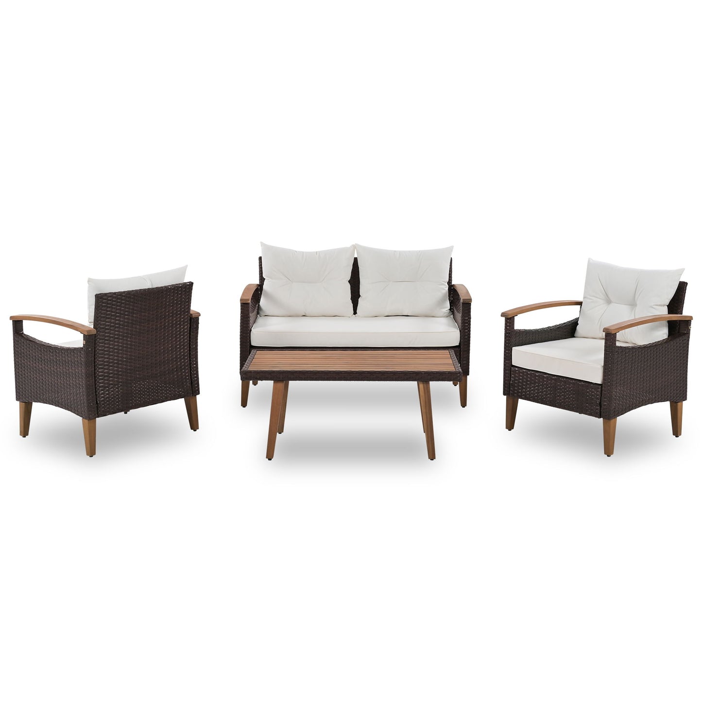 4 Piece Garden Furniture, Patio Seating Set, Outdoor Sofa Set, Wood Table And Legs - Brown / Beige