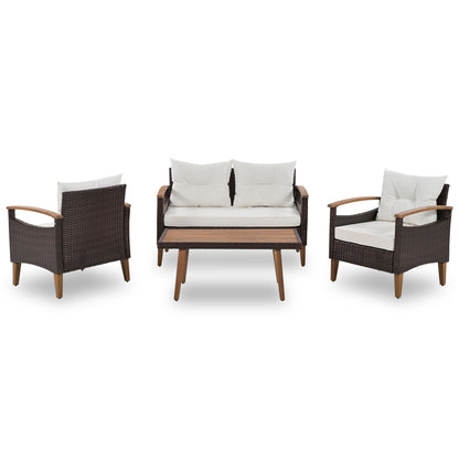 4 Piece Garden Furniture, Patio Seating Set, Outdoor Sofa Set, Wood Table And Legs - Brown / Beige