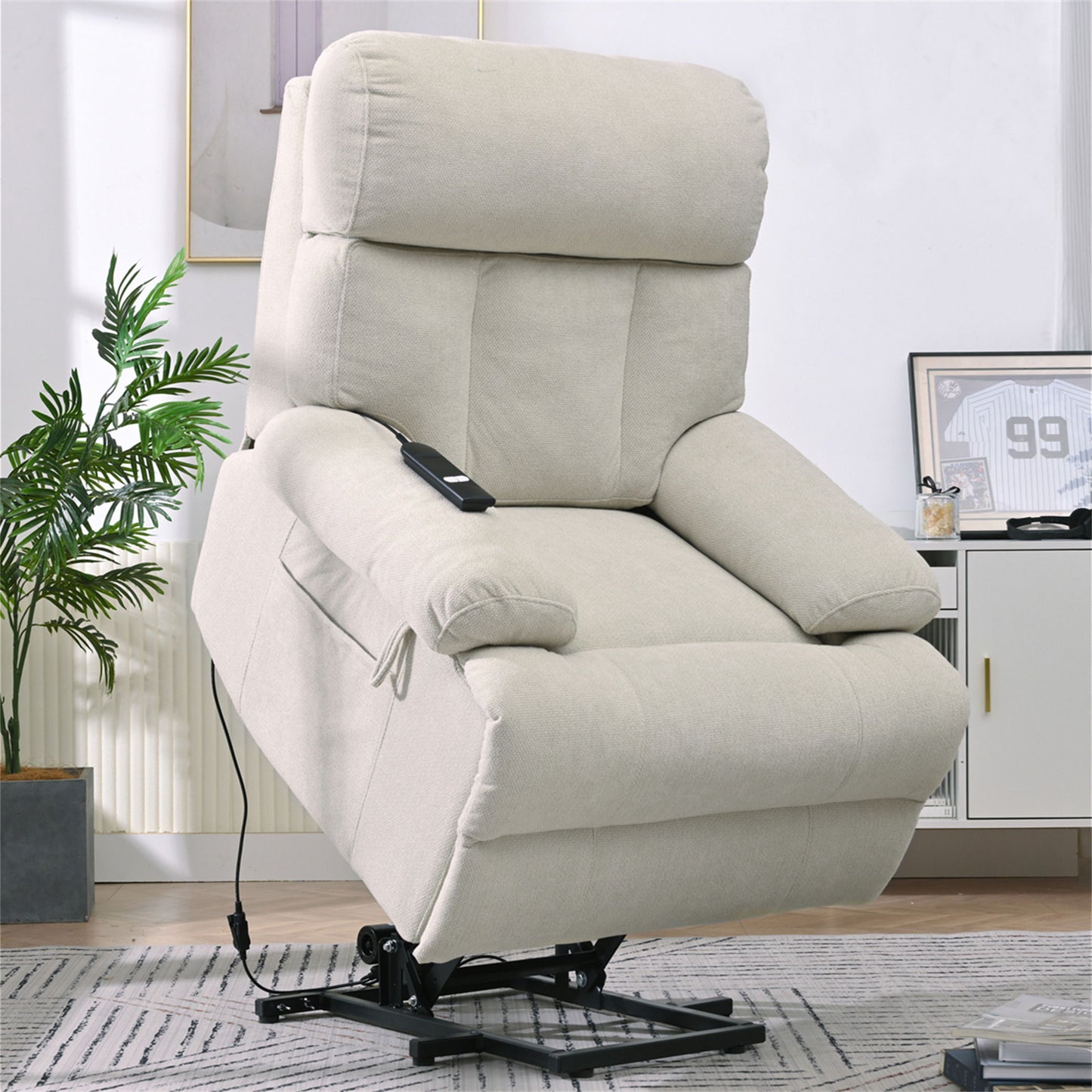 Oversized Power Lift Recliner Chair - Electric Fabric Reclining Sofa Chair With Remote Control, Side Pocket, And Spacious Seat For Home Theater - Light Gray