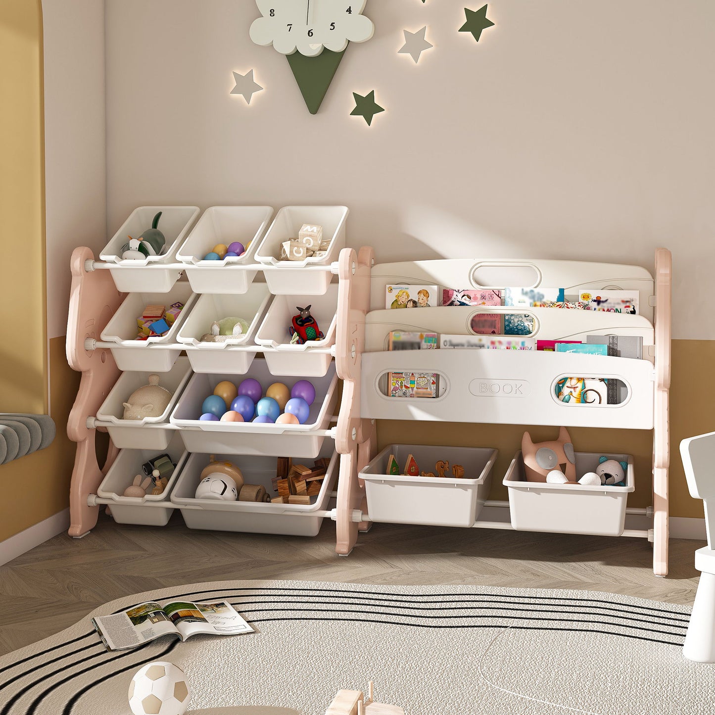 Kids Toy Storage Organizer With 2 Tier Bookshelf And 12 Toy Bins - Pink