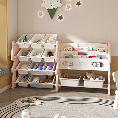 Kids Toy Storage Organizer With 2 Tier Bookshelf And 12 Toy Bins - Pink