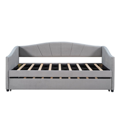 Twin Size Upholstered Daybed Sofa Bed With Trundle And Slat - Gray