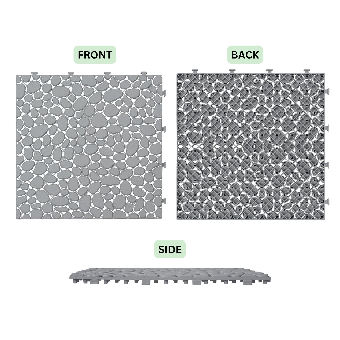 Interlocking Deck Tiles Plastic Waterproof Outdoor All Weather Anti-Slip Bathroom Shower Balcony Porch Strong Weight Capacity Upto 440 Lbs, Pebble Stone Pattern Pack Of 12 - Gray