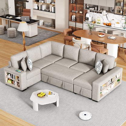 U-Shaped Sectional Sofa Pull-Out Sofa Bed With Two USB Ports, A Storage Chaise Lounge And Four Back Pillows For Living Room - Beige
