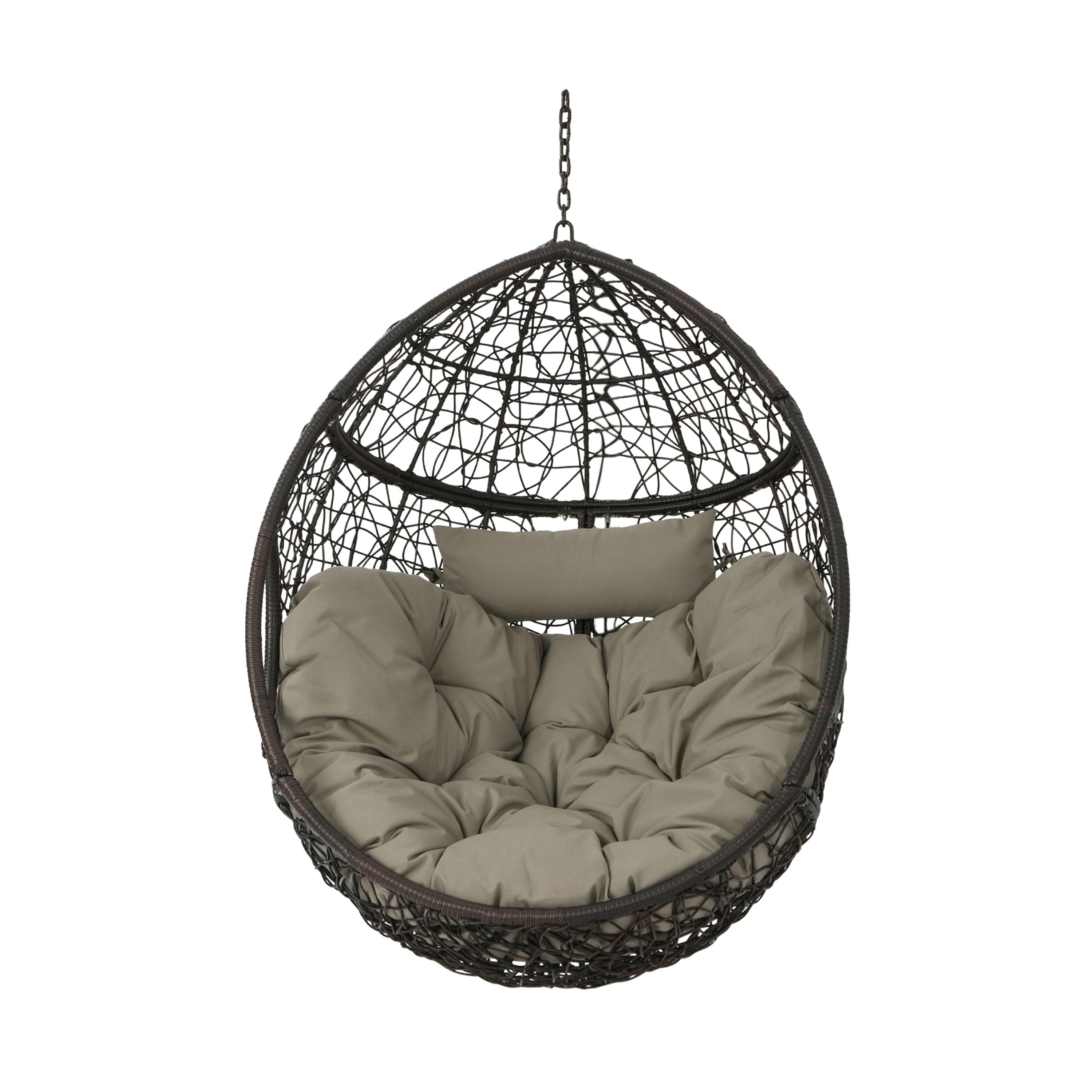 Kylie - Hanging Basket Chair Brown Cozy Rattan Design With Water Resistant Cushions - Khaki / Brown