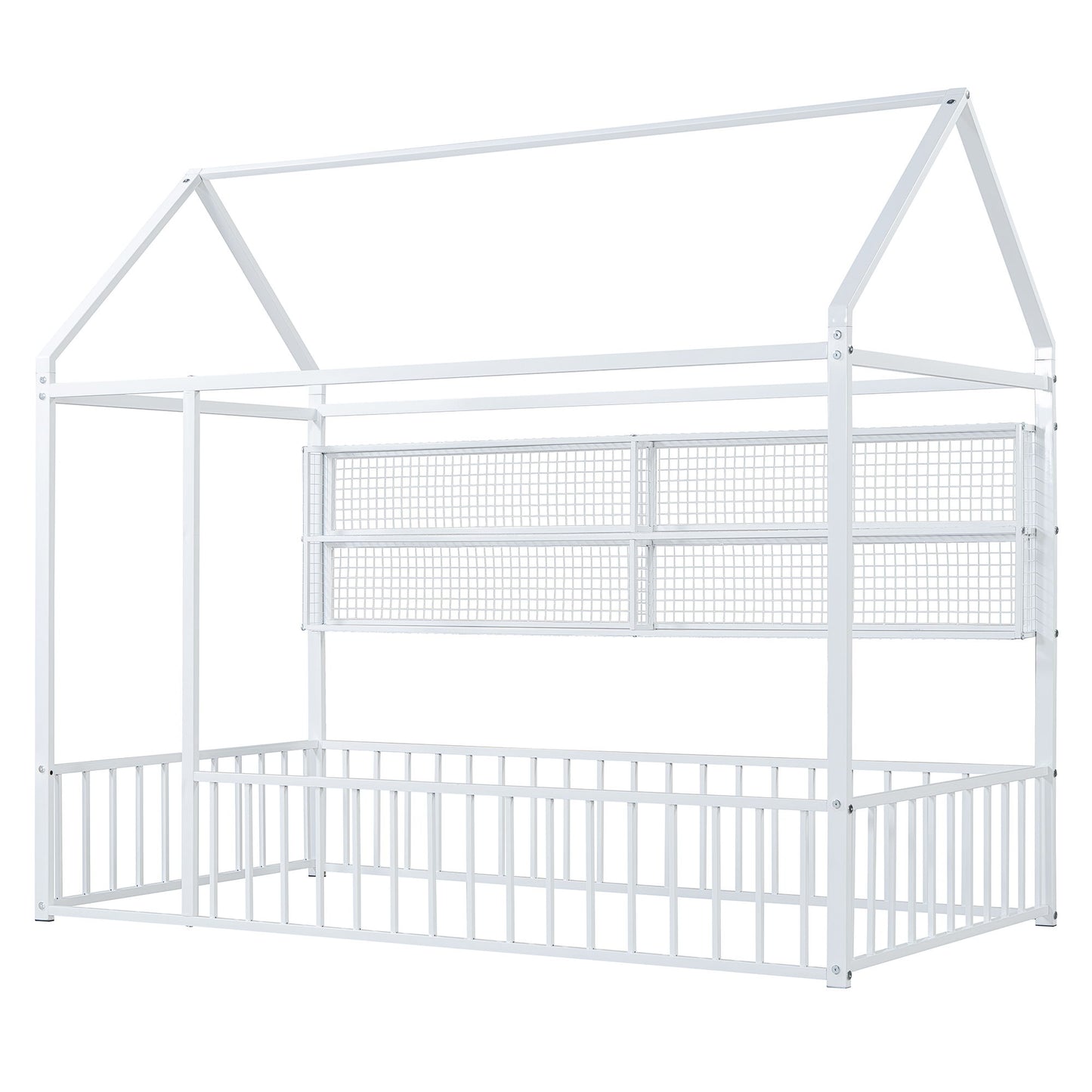 Twin Size Bed House Frame With Fence And Shelves - White