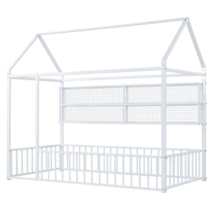 Twin Size Bed House Frame With Fence And Shelves - White