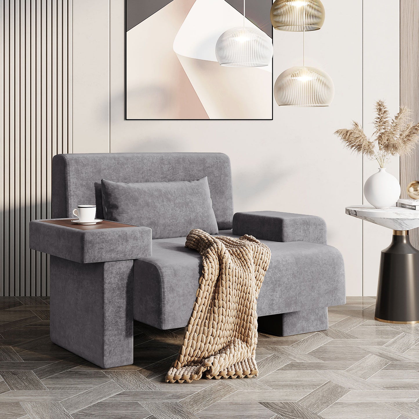 Modern Oversized Armchair, Wide Mid-Century Chair With Pillow Upholstered, Sturdy Wood Frame & Soft Cushion For Living Room - Gray