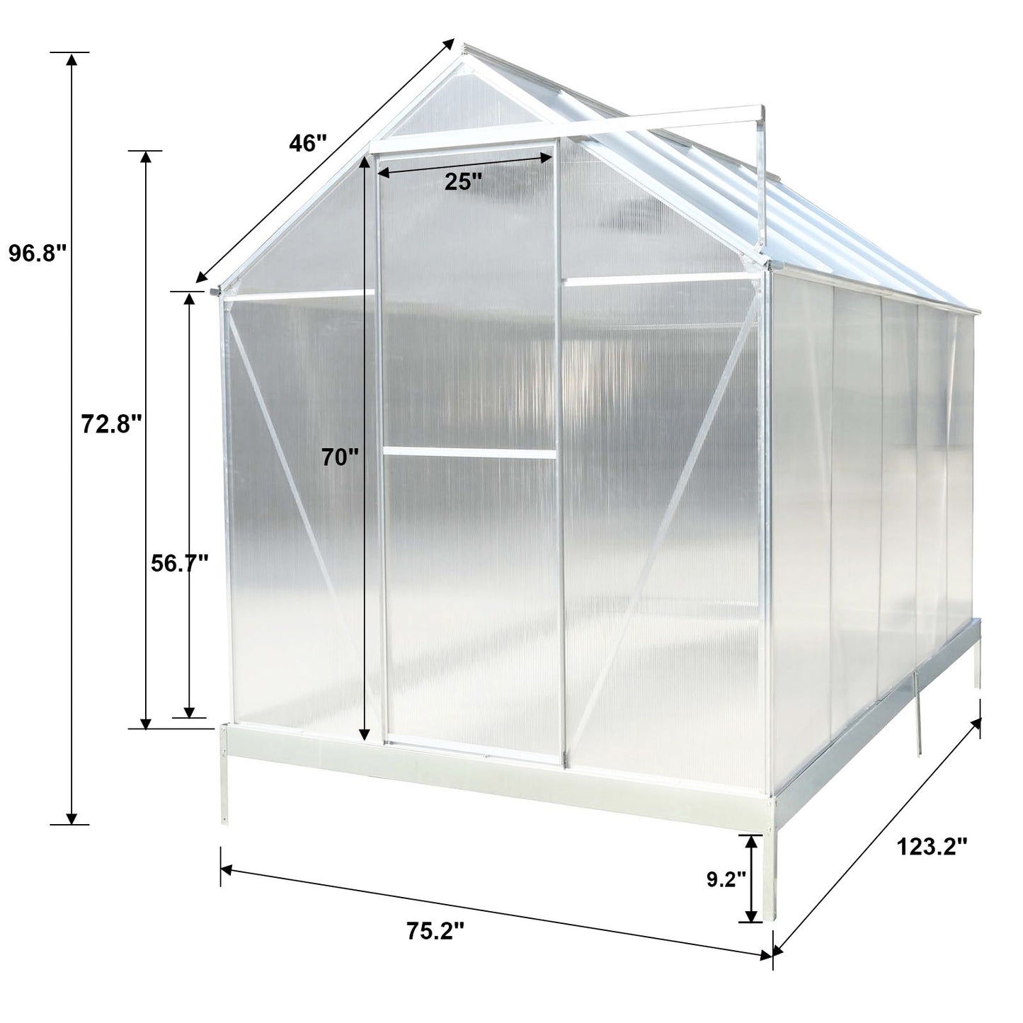 6.3'x10.2'x7' Polycarbonate Greenhouse, Heavy Duty Outdoor Aluminum Walk-In Green House Kit With Rain Gutter, Vent And Door For Backyard Garden - Aluminium