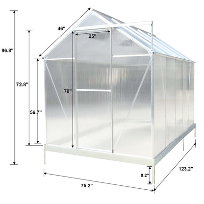 6.3'x10.2'x7' Polycarbonate Greenhouse, Heavy Duty Outdoor Aluminum Walk-In Green House Kit With Rain Gutter, Vent And Door For Backyard Garden - Aluminium