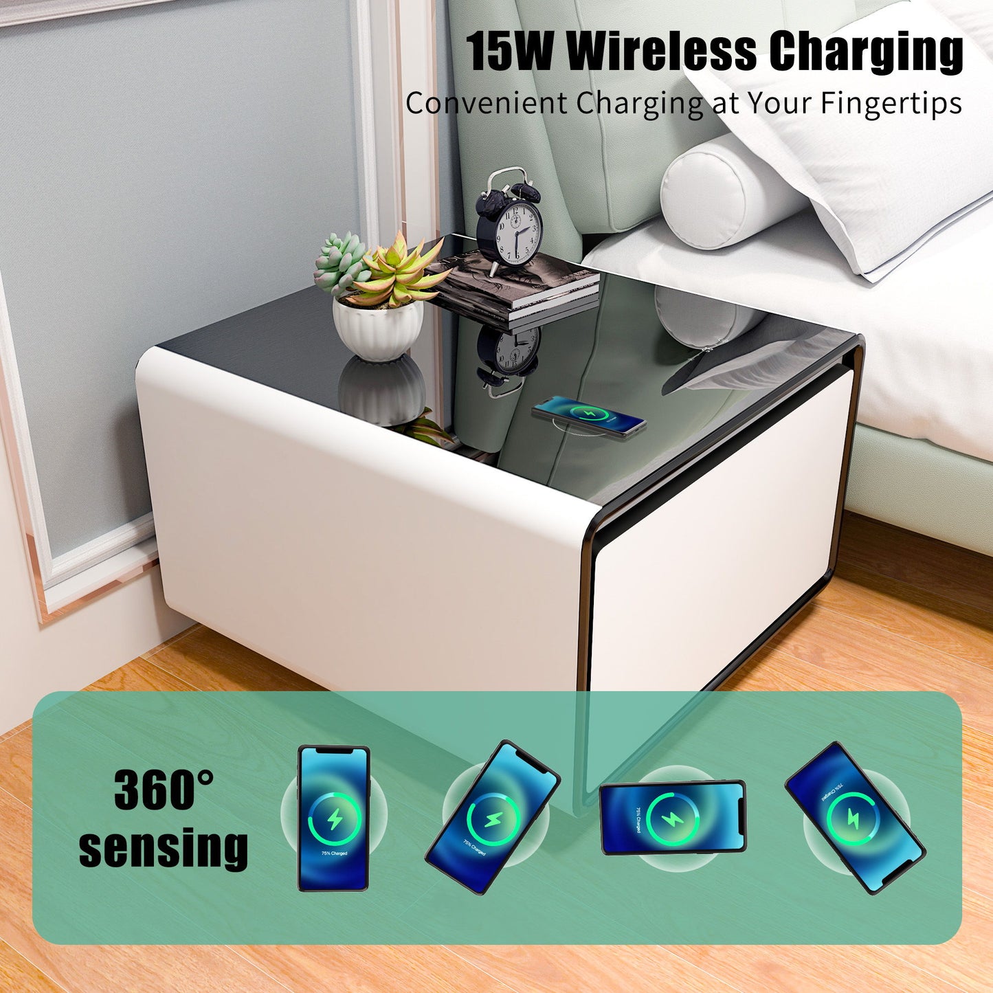 Modern Smart Side Table With Built-In Fridge, Wireless Charging, Temperature Control, Power Socket, USB Ports, Outlet Protection, Induction Light - White