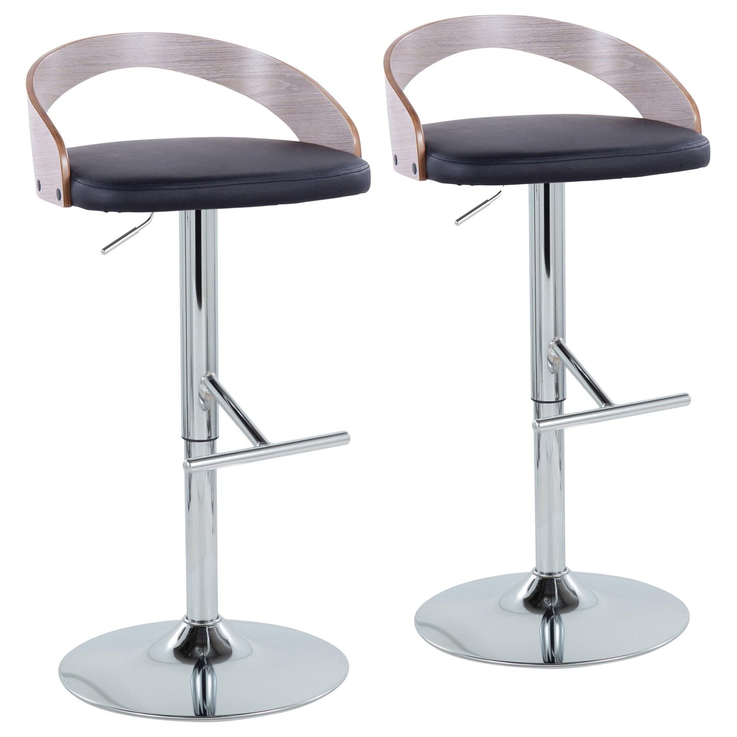 Grotto - Contemporary Adjustable Height Barstool With Swivel With Straight T Footrest (Set of 2) - Chrome / Light Gray / Black