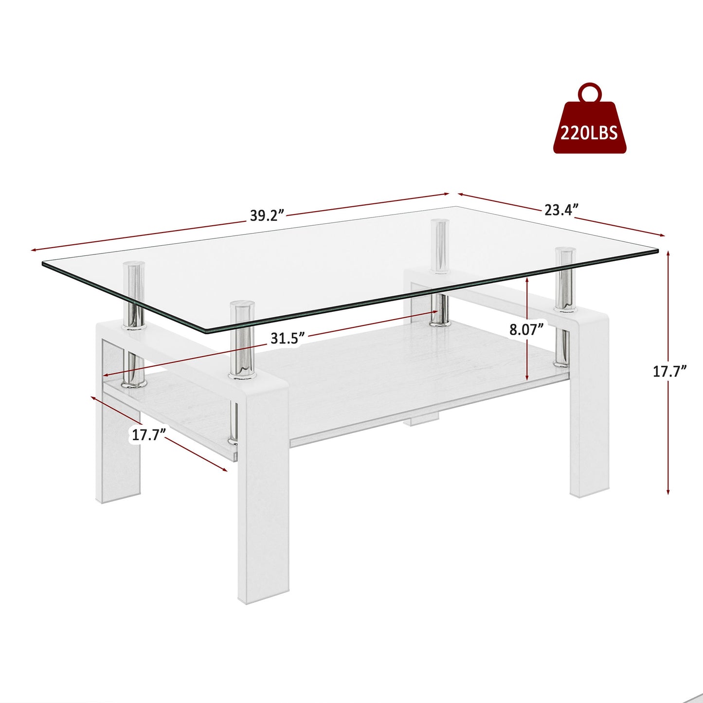 Modern Rectangular Coffee Table & Tempered Glass Top Layer, Table For Living Room - Transparent