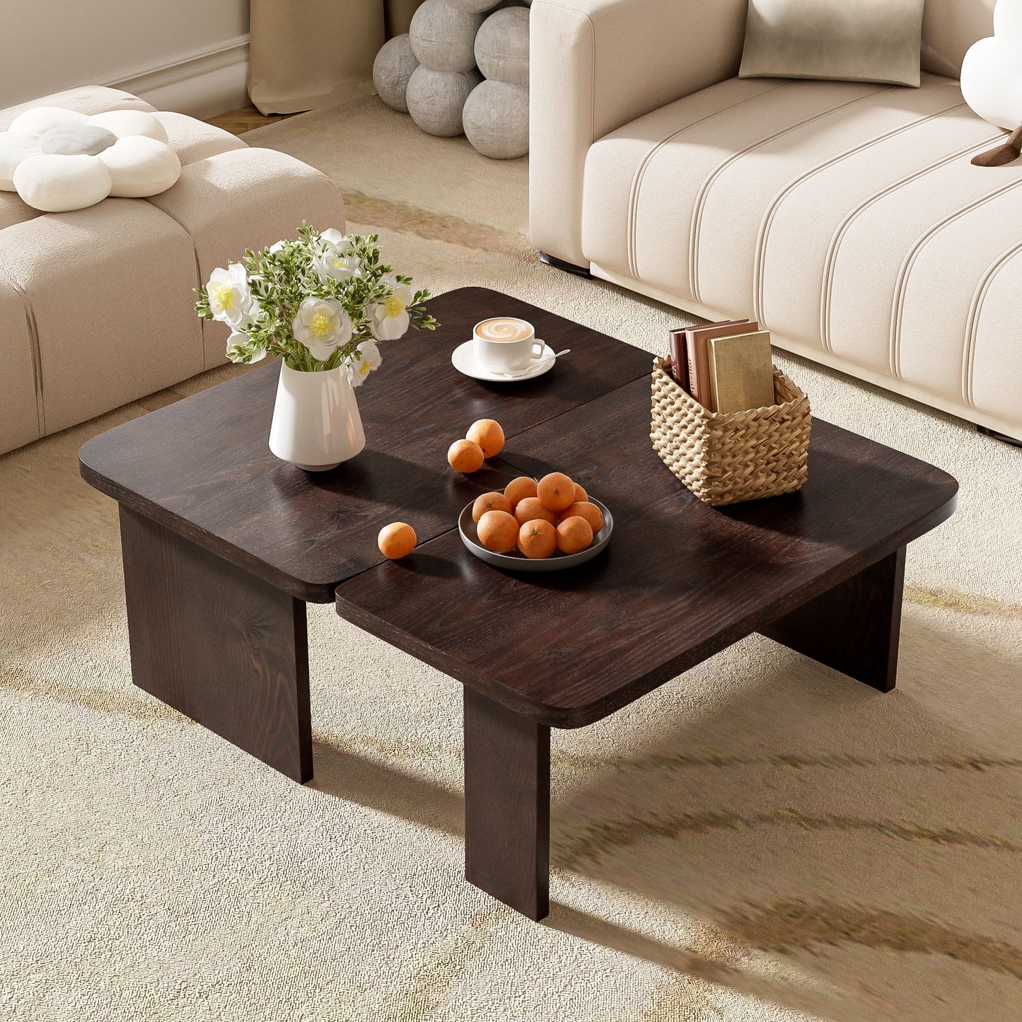 Modern Minimalist Coffee Table Set, Rectangle Coffee Table With Splicing Design, Multifunctional Combination Table For Living Room - Espresso