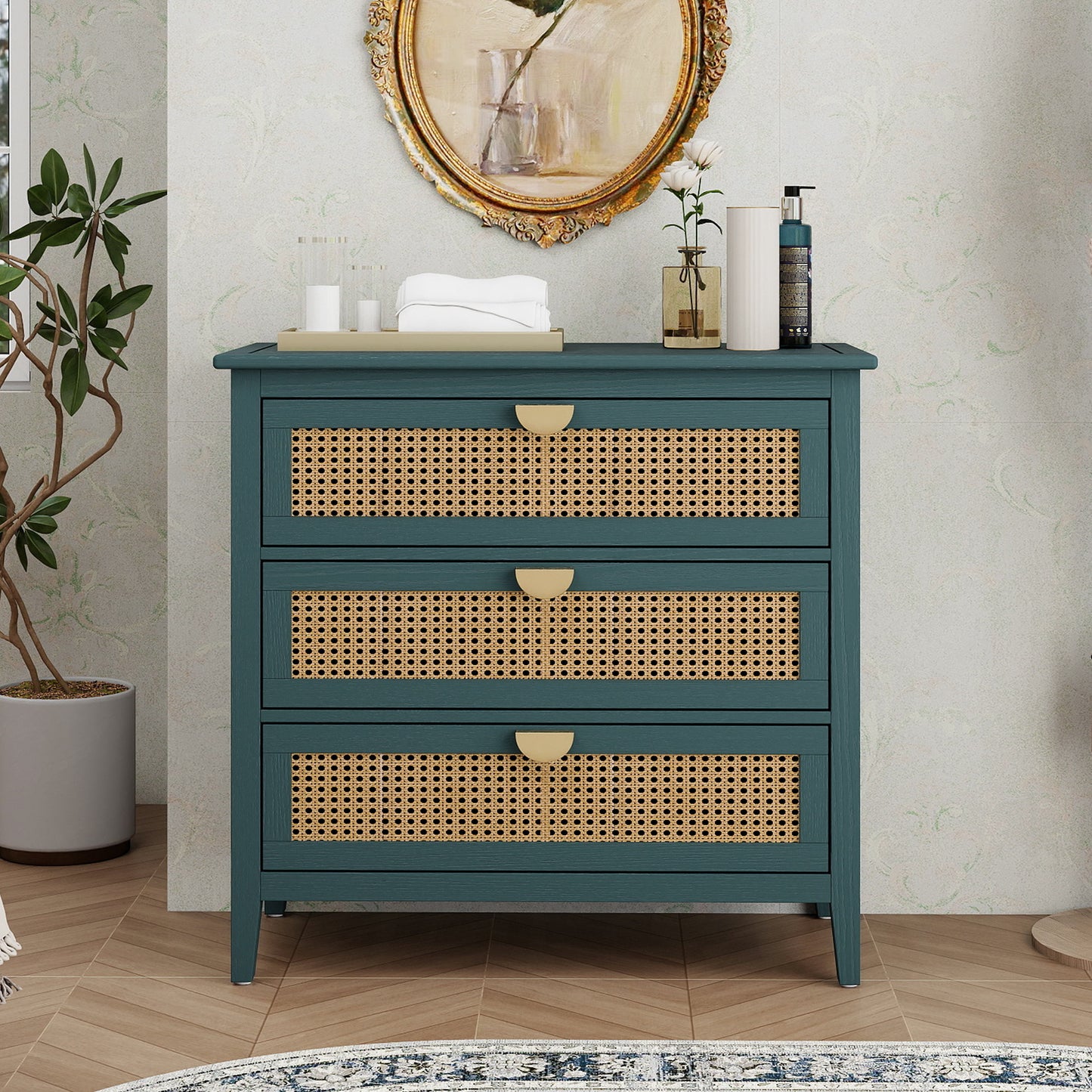 3 Drawer Cabinet - Natural Rattan, Suitable For Bedroom - Green