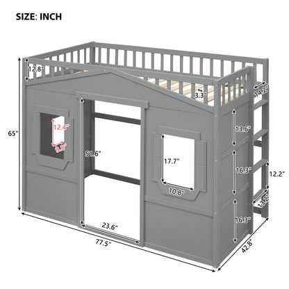Twin Size House Loft Bed With Ladder - Gray