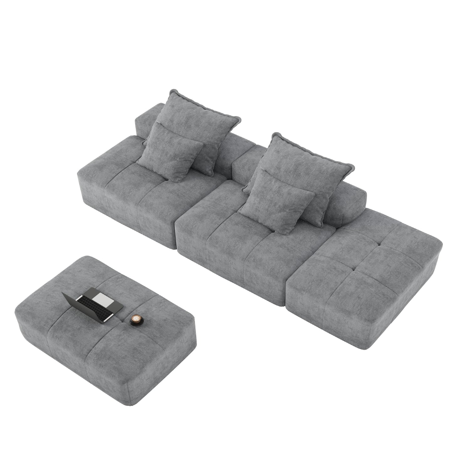 Modern Oversized Modular Sectional Sofa With 2 Ottoman And 2 Seat, Sparkling Chenille Fabric Soft Cushion Sofa With 4 Pillows, 4 Pieces Diy Combination Tufted Sofa, No Assembly Required - Gray