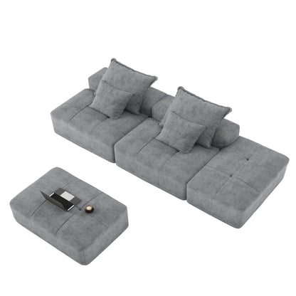 Modern Oversized Modular Sectional Sofa With 2 Ottoman And 2 Seat, Sparkling Chenille Fabric Soft Cushion Sofa With 4 Pillows, 4 Pieces Diy Combination Tufted Sofa, No Assembly Required - Gray