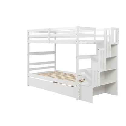 Twin Over Twin Bunk Beds With Twin Trundle And Stairway Storage Function - White