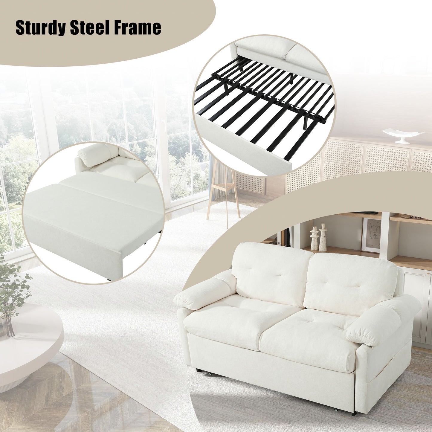 Modern Convertible Sleeper Sofa Bed With Pull Out Queen Design, Side Storage & Thick Cushions Chenille Loveseat For Living Room Or Bedroom 3 In 1 Function - Beige