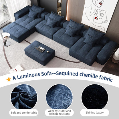 Modern Oversized Modular Sectional Sofa, Sparkling Chenille Fabric Soft Cushion Sofa With 8 Pillows, 8 Pieces Diy Combination Tufted Sofa, No Assembly Required - Blue