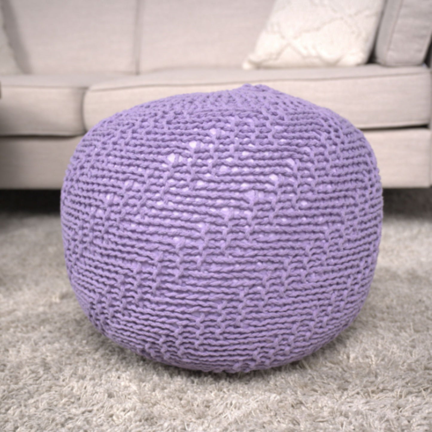 Bordeaux - Knitted Cotton Round Pouf Ottoman - Lavender