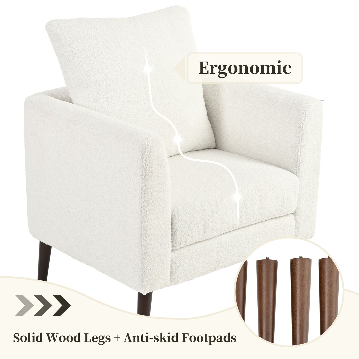 Modern Teddy Fabric Accent Chair - Mid - Century Upholstered Armchair With Pillow And Wood Legs For Living Room, Or Reception Room - White