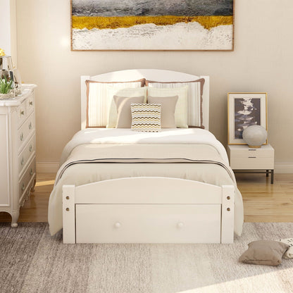 Twin Platform Bed Frame With Storage Drawer And Slat Support No Box Spring Needed - White