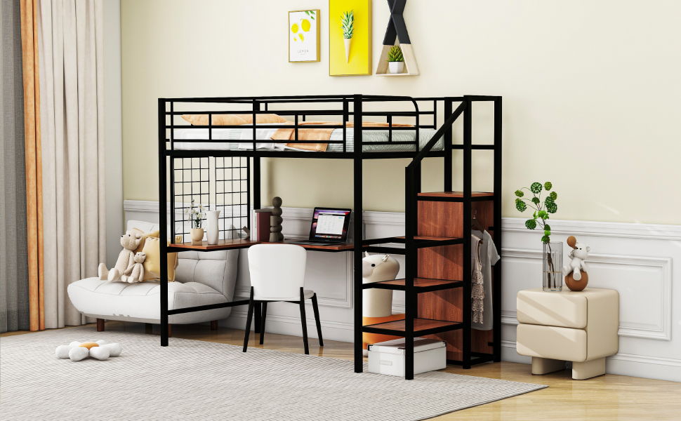 Twin Size Loft Bed With Desk And Grid, Stylish Frame With Lateral Storage Ladder And Wardrobe - Black