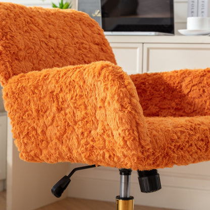 Office Chair, Artificial Rabbit Hair Home Office Chair With Golden Metal Base, Adjustable Desk Chair Swivel Office Chair, Vanity Chair - Orange