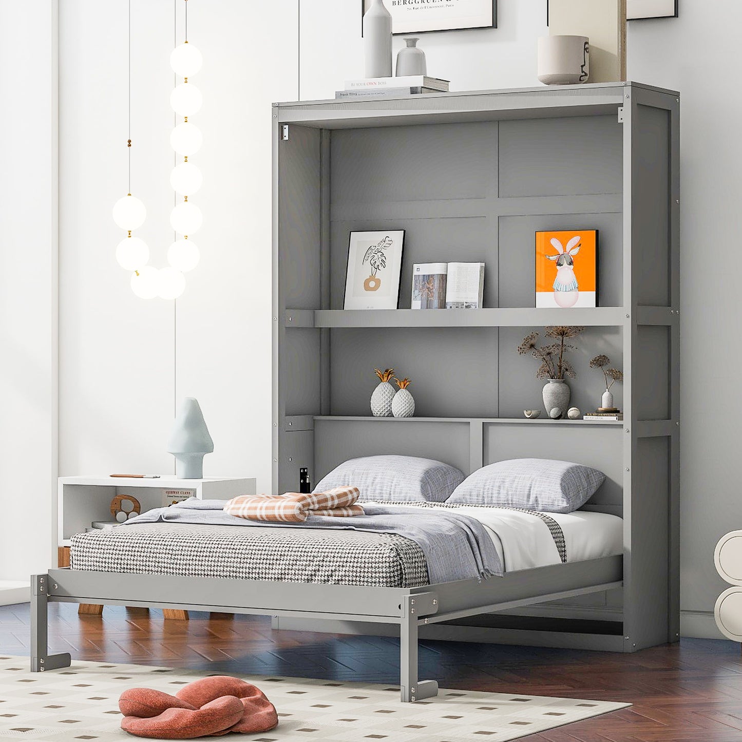 Full Size Murphy Wall Bed & Shelves - Gray