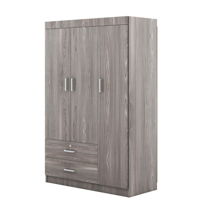 3 Door Wardrobe With 2 Drawers, Grain Effect - Gray